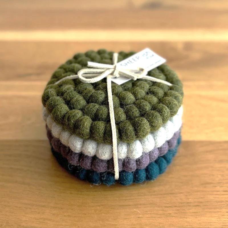 Sheepish Design NZ Wool Coasters Moss Stack Round Felt Ball Coasters
