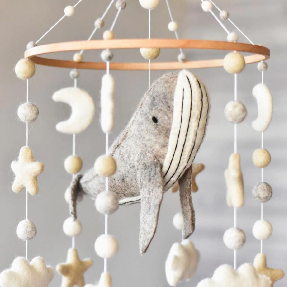 Tik Tak Handmade NZ Wool Baby Mobile Natural Whale Cot Baby