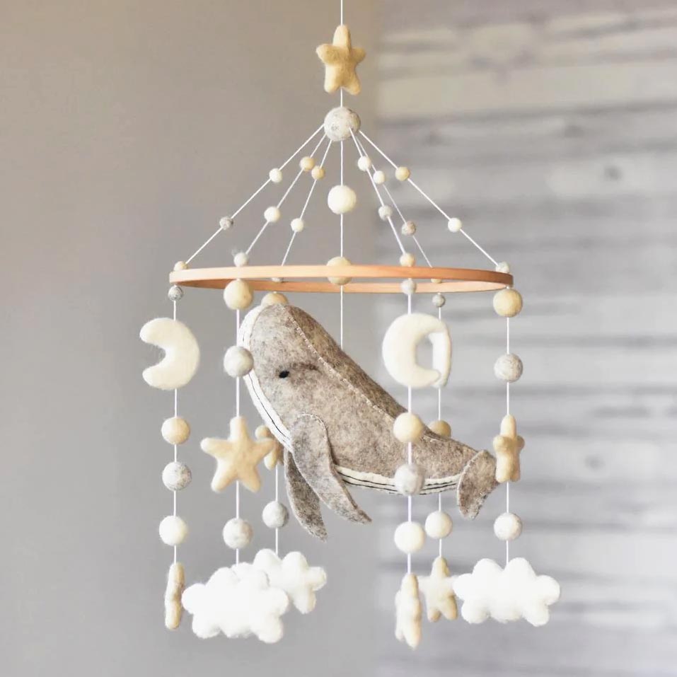 Tik Tak Handmade NZ Wool Baby Mobile Natural Whale Cot Baby