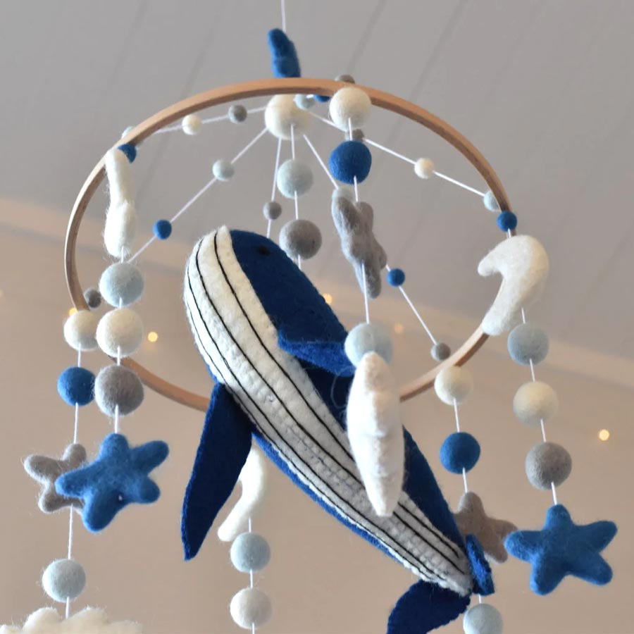 Tik Tak Handmade NZ Wool Baby Mobile Blue Whale Cot Baby