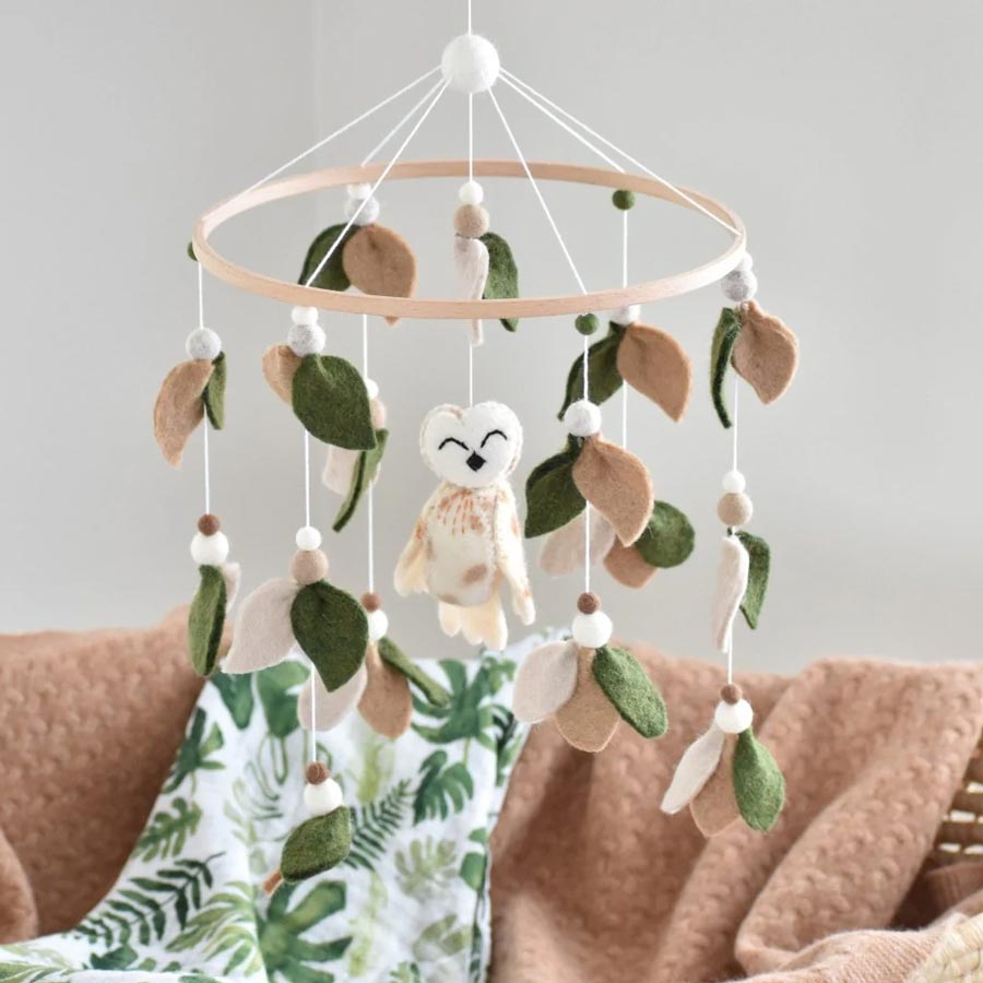 Tik Tak Handmade NZ Wool Baby Mobile Owl & Leaf Cot & Baby Mobiles