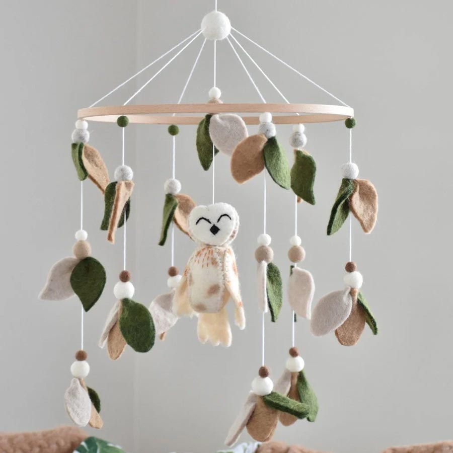 Tik Tak Handmade NZ Wool Baby Mobile Owl & Leaf Cot & Baby Mobiles