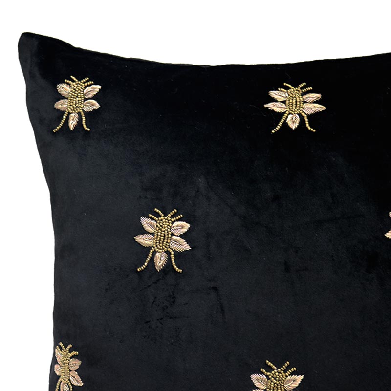 Le Forge Embroidered Bee Black Velvet Cushion (45cm) | Koop.co.nz