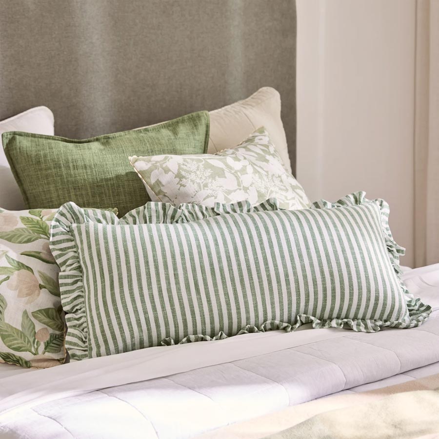 Madras Link Ruffles Green Stripe Lumbar Cushion Cover (35x70cm) | Koop.co.nz