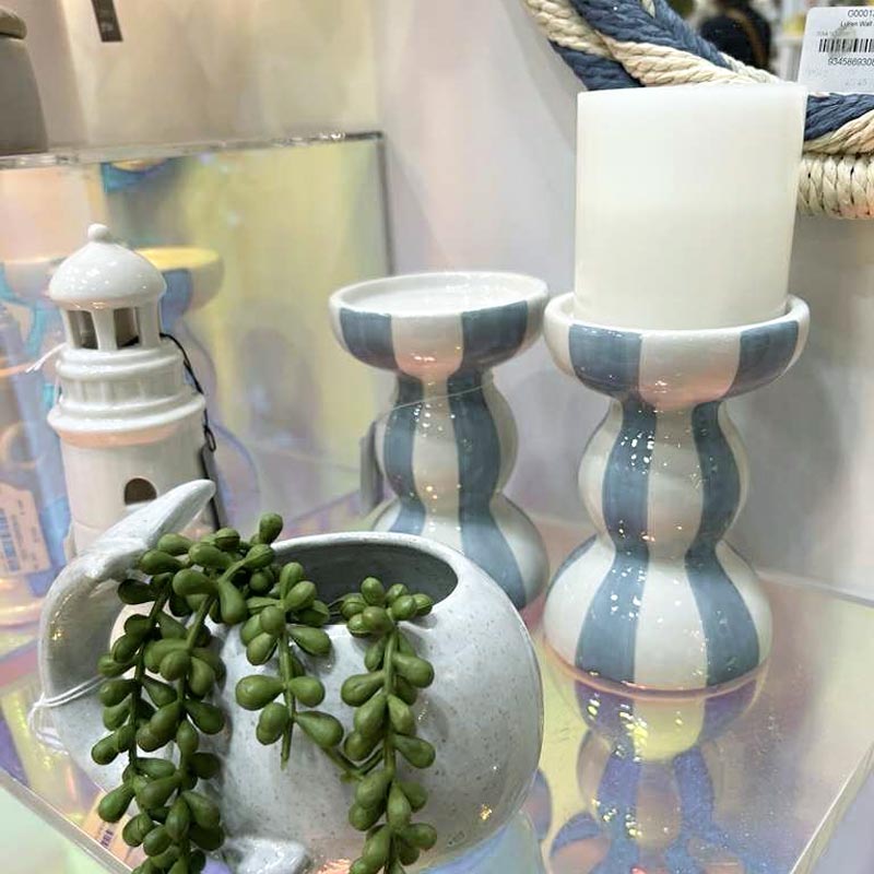 Emporium Lane Blue Stripe Candle Holder (14cm) | Koop.co.nz