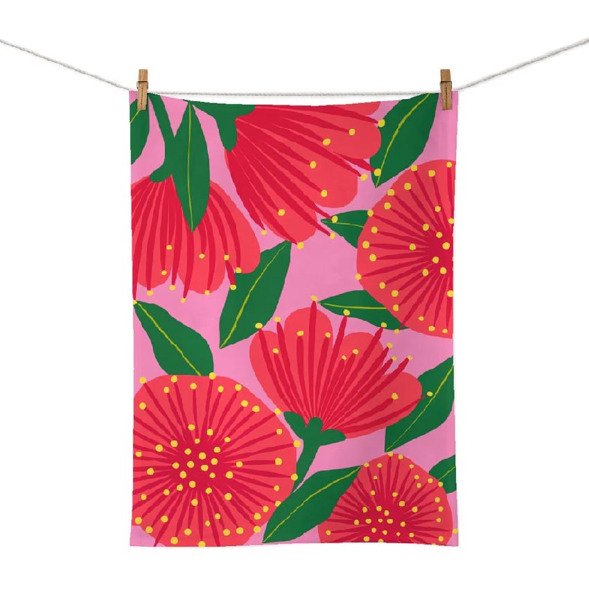 100% New Zealand Bright Pink Pohutukawa Tea Towel | Koop.co.nz