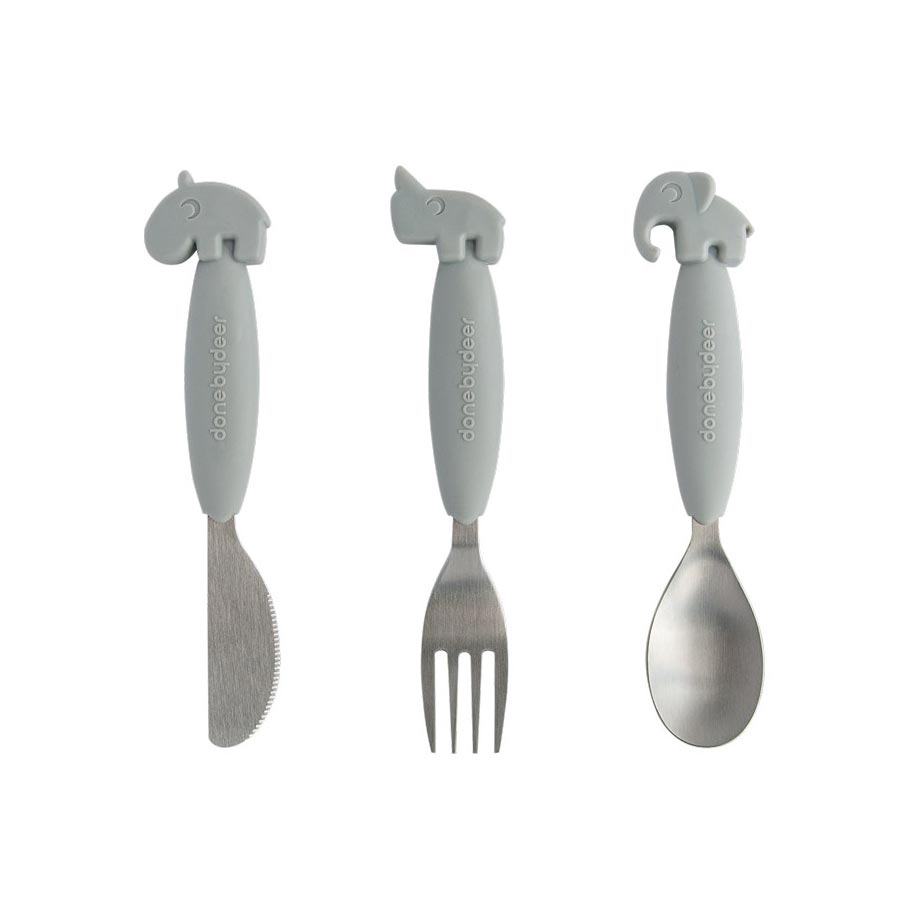 Done By Deer Yummy Plus Easy Grip Cutlery Set - Grey (3pc) | Koop.co.nz