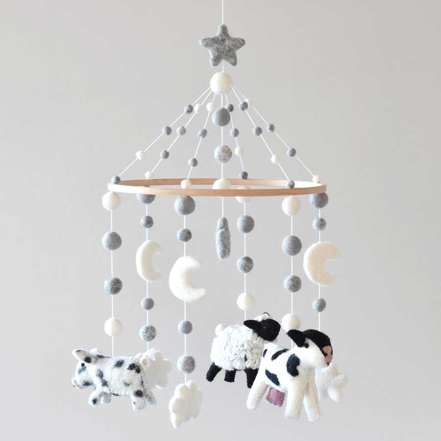 Tik Tak Handmade NZ Wool Baby Mobile Farm Animals Cot & Baby